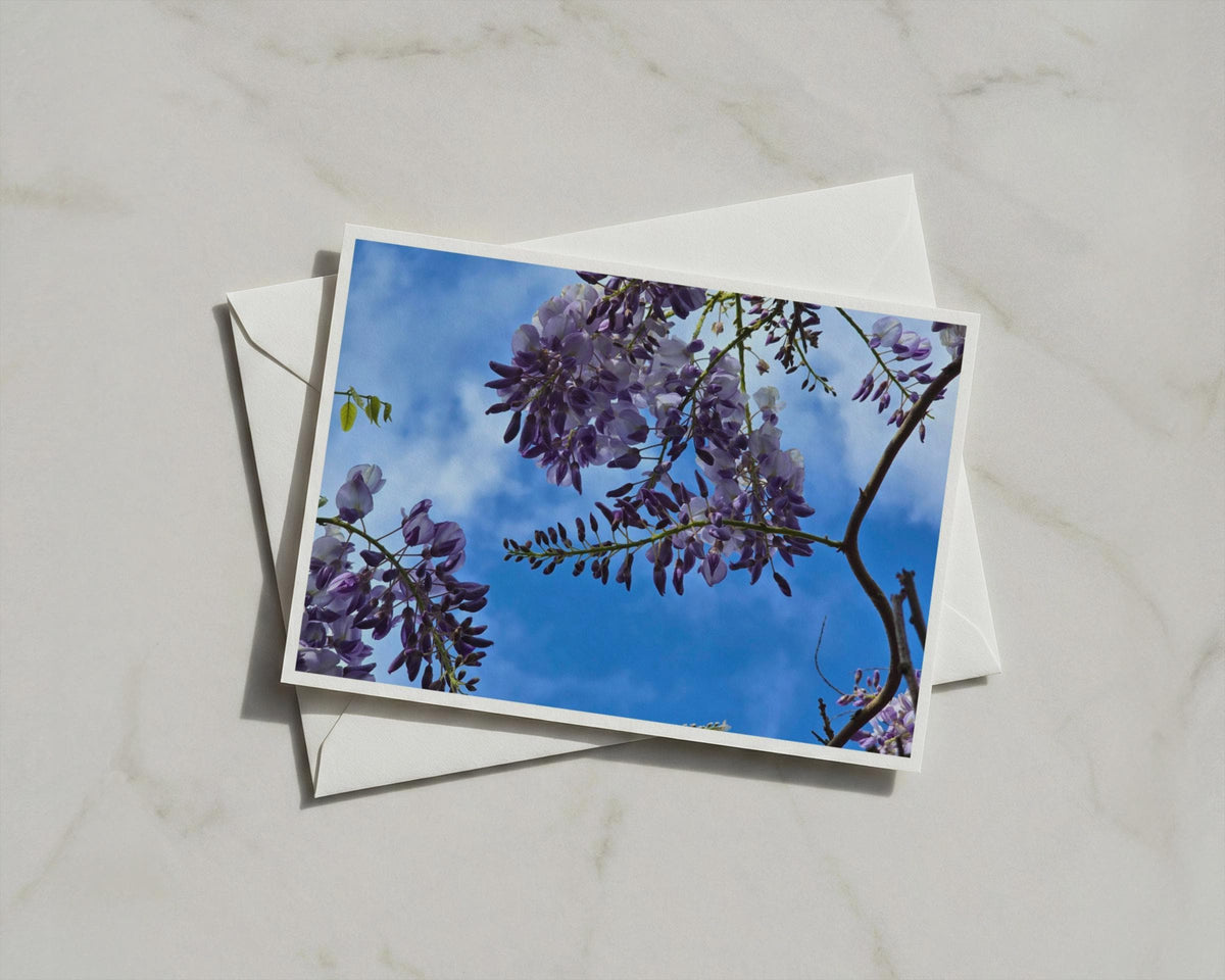 Wisteria Greeting Card, Purple Flower Blue Sky Photo, Spring Garden Card, Floral