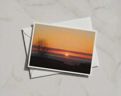 Dawn Landscape Greeting Card, Sunrise Silhouette Tree, Orange Sky Nature Card, A6