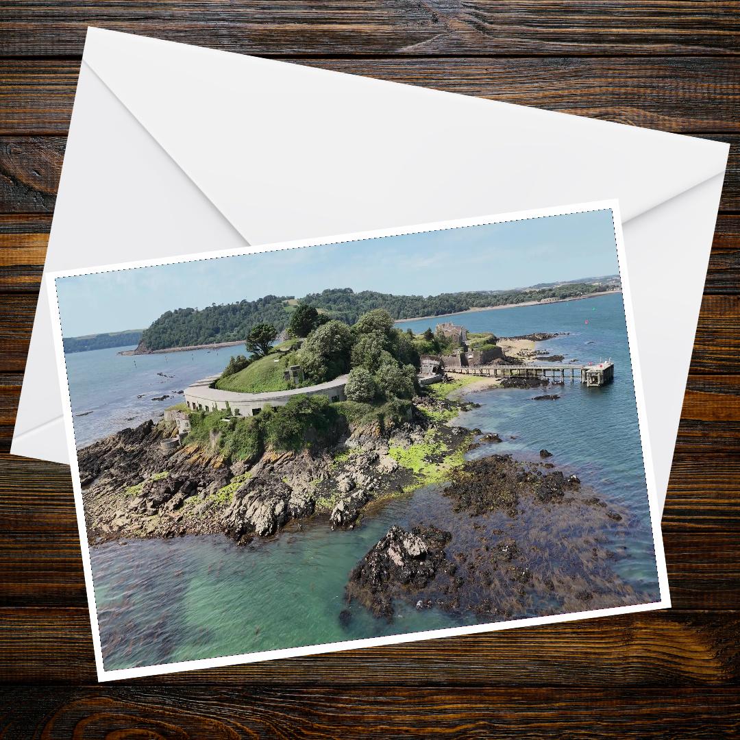 Drake's Island: The Silent Sentinel A6 landscape greeting card, Plymouth's historic fortifications, weathered stone walls, coastal scenery