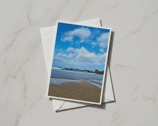 Rocky Beach Coastal Card, Blue Sky Ocean Waves, Seaside Photography A6 Card