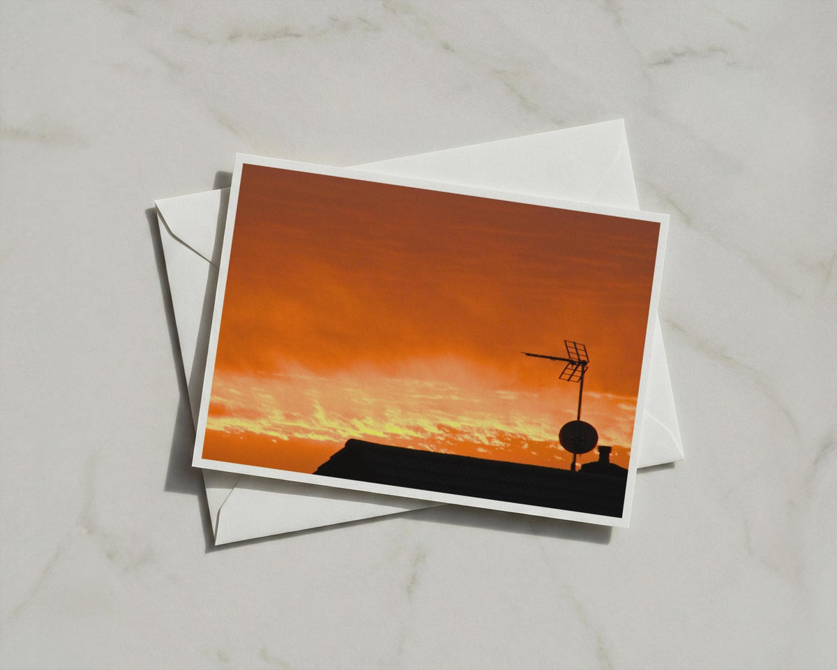 Sunset Rooftop Silhouette Card, Orange Sky TV Aerial, Dawn Dusk Landscape Greeting Card