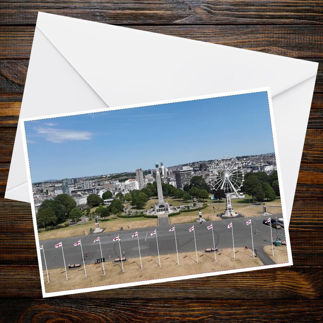The Sound View from Plymouth Hoe | A6 Landscape Greeting Card | Plymouth Sound Harbour Scene with Drake's Island and Ferris Wheel