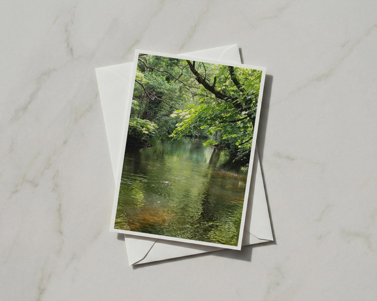 Woodland River Card, Lush Green Trees, Nature Photography A6 Greeting Card