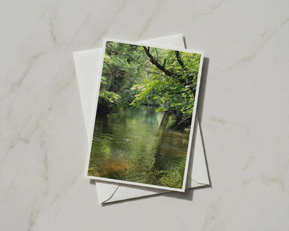 Woodland River Card, Lush Green Trees, Nature Photography A6 Greeting Card