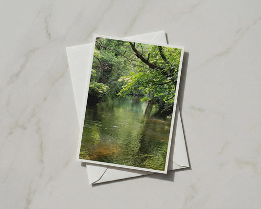 Woodland River Card, Lush Green Trees, Nature Photography A6 Greeting Card