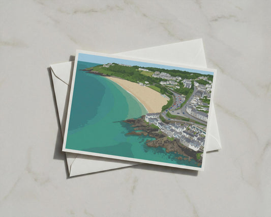 Cornwall Coastal Village Card, Aerial Beach Scene, Turquoise Sea, Seaside Town Gift