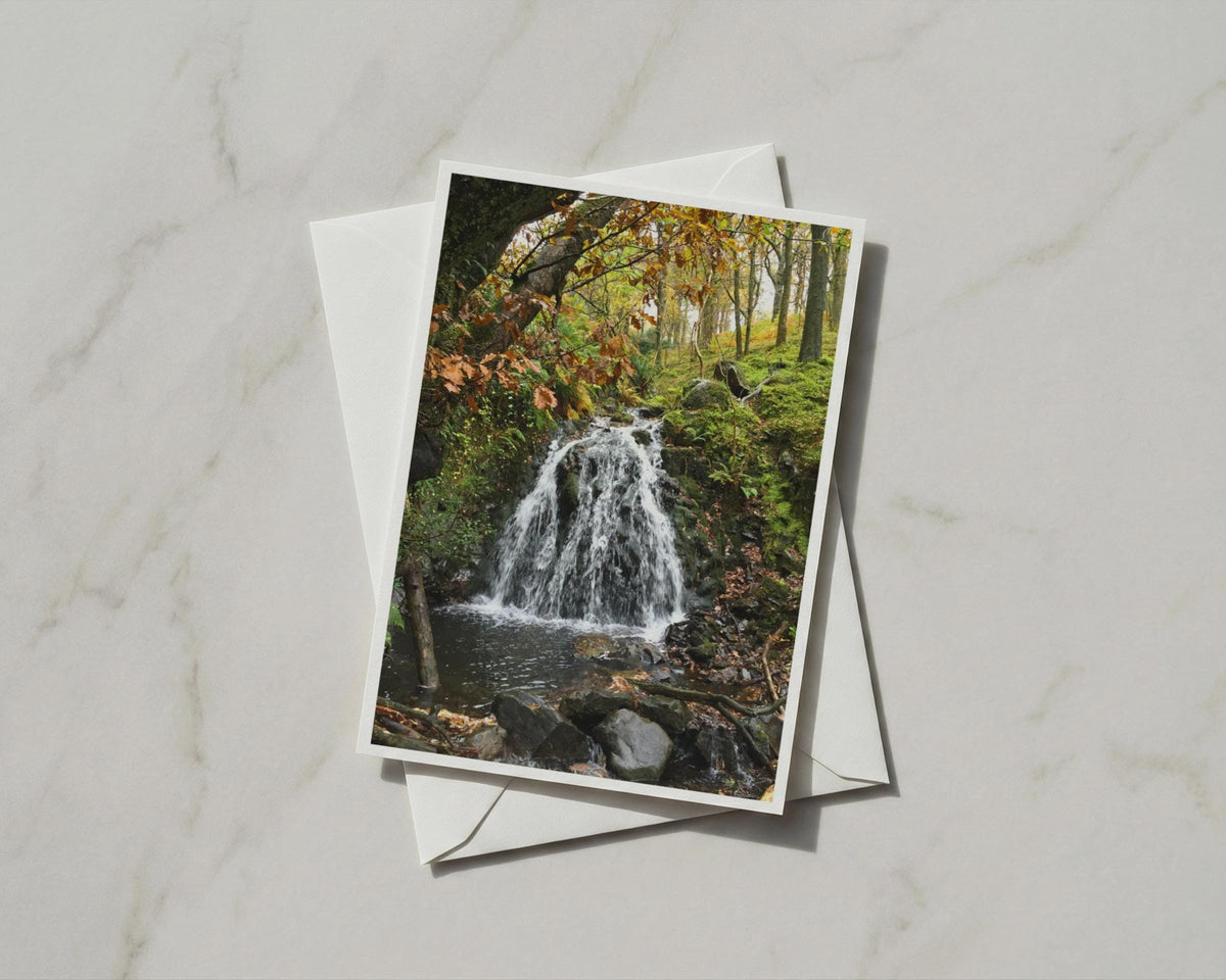 Autumn Waterfall Woodland Card, Forest Stream Nature, Russet Leaves Trees Greeting Card