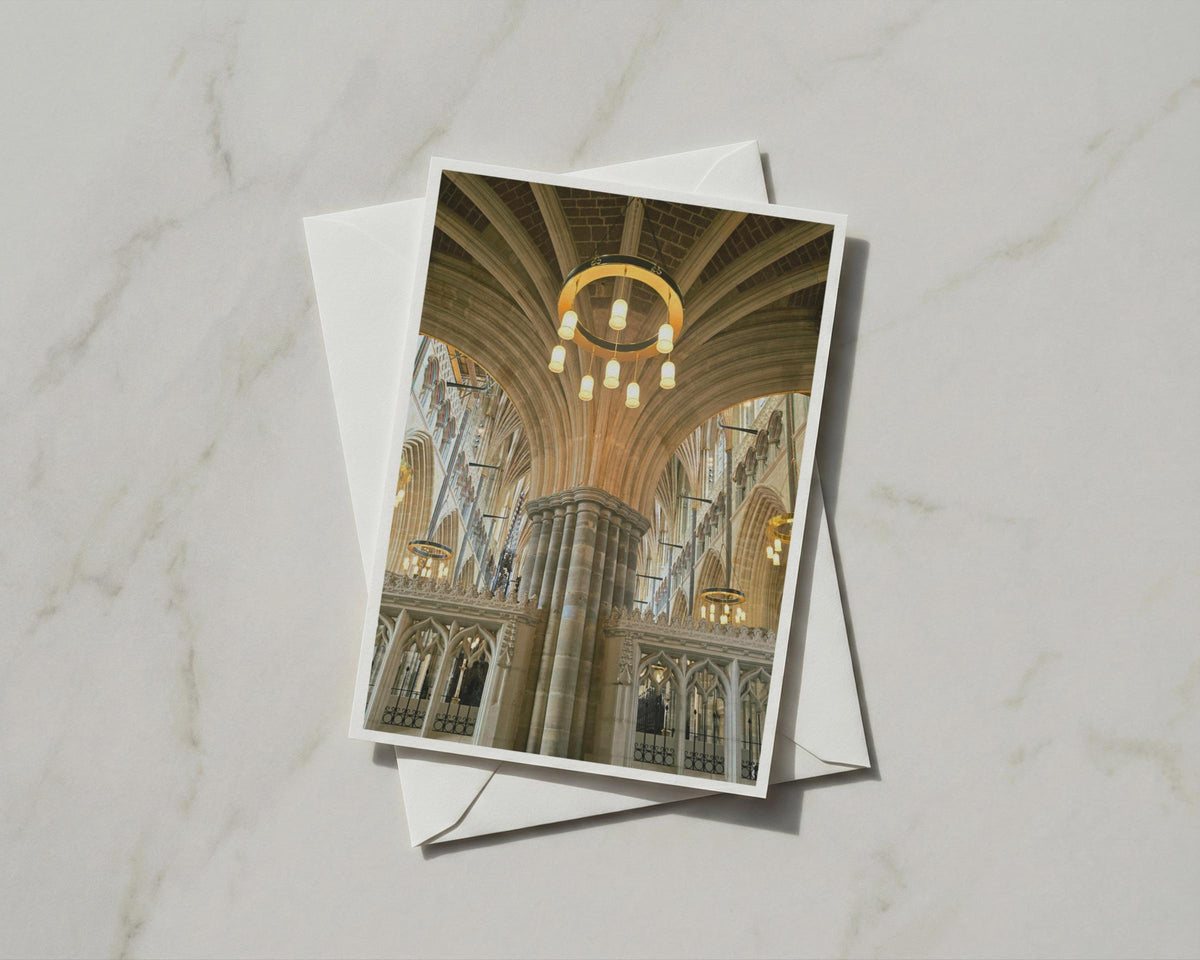 Gothic Cathedral Interior Card, Stone Pillars Vaulted Ceiling, Architecture Greeting Card