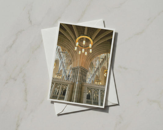 Gothic Cathedral Interior Card, Stone Pillars Vaulted Ceiling, Architecture Greeting Card