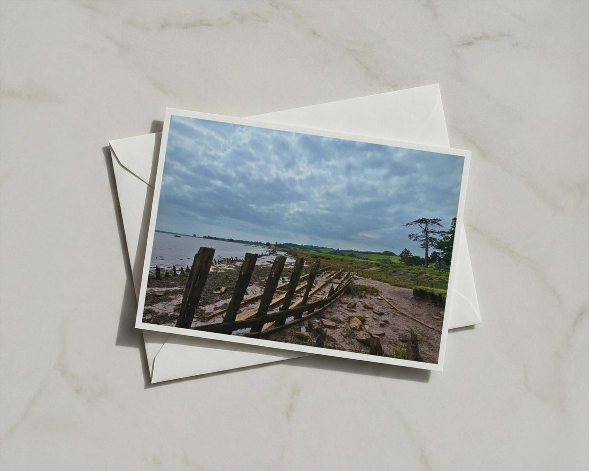 Old Wooden Boat Wreck Estuary Card, Moody Coastal Landscape, British Seaside Greeting Card
