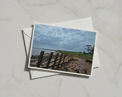 Old Wooden Boat Wreck Estuary Card, Moody Coastal Landscape, British Seaside Greeting Card