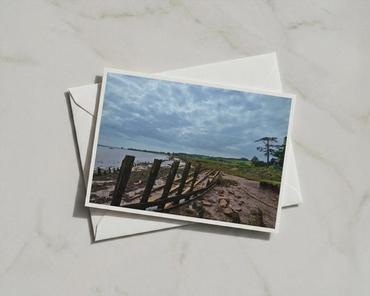 Old Wooden Boat Wreck Estuary Card, Moody Coastal Landscape, British Seaside Greeting Card