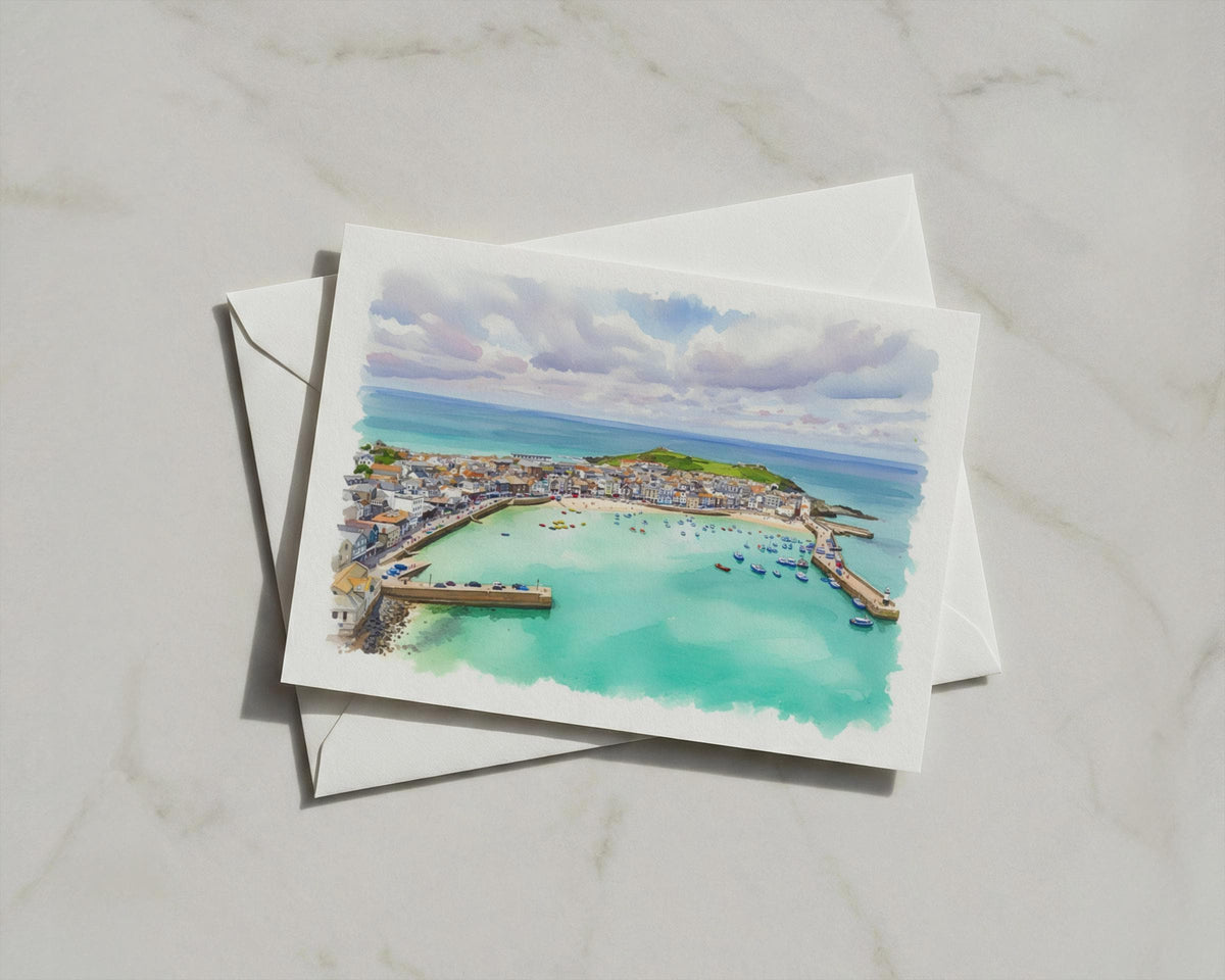 St Ives Cornwall Watercolour Card, Aerial Harbour View, Coastal Cornwall Gift