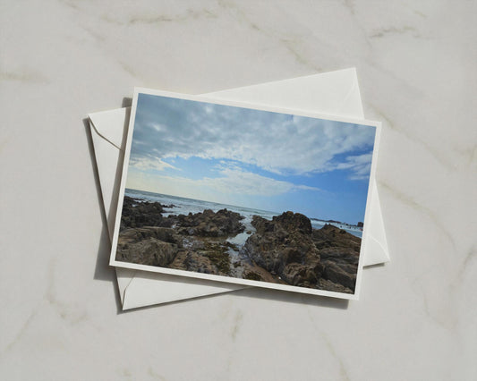 Rocky Coastal Beach Card, Seaside Rock Pool Ocean View, Blue Sky Sea Greeting Card