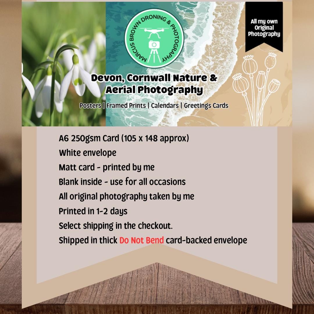 The image is a promotional poster for Devon, Cornwall, and Aerial Photography, featuring a white envelope, a Matt card, and a blank inside. The poster also lists the terms and conditions for the card, including the size, the photographer, and the shipping options.