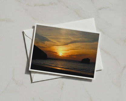 Sunset Beach Landscape Card, Coastal Dusk Sky, Rocky Cove Greeting Card, Orange Sea