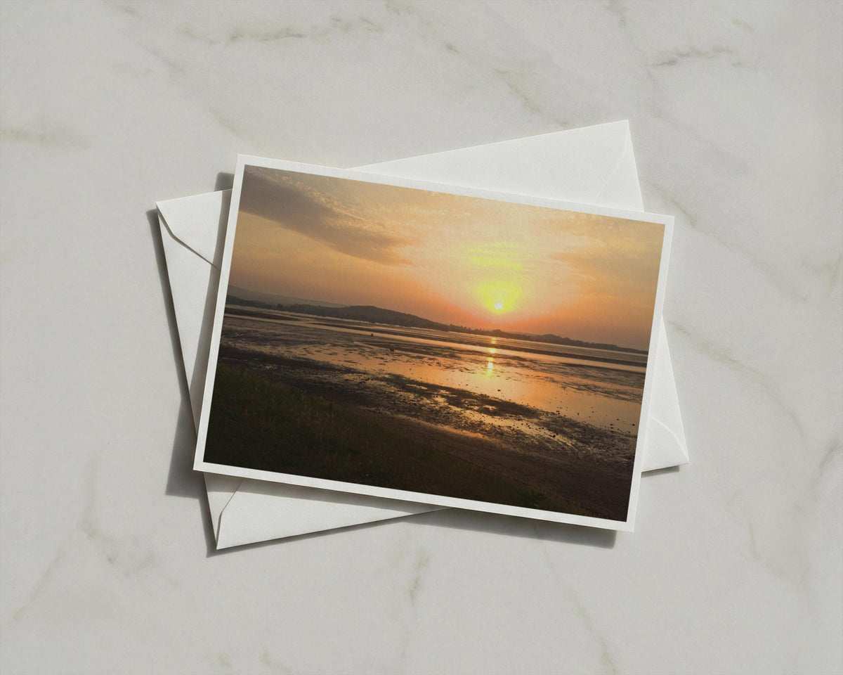 Sunset Estuary Landscape Card, Golden Sky Coastal Greeting Card, Dawn Dusk