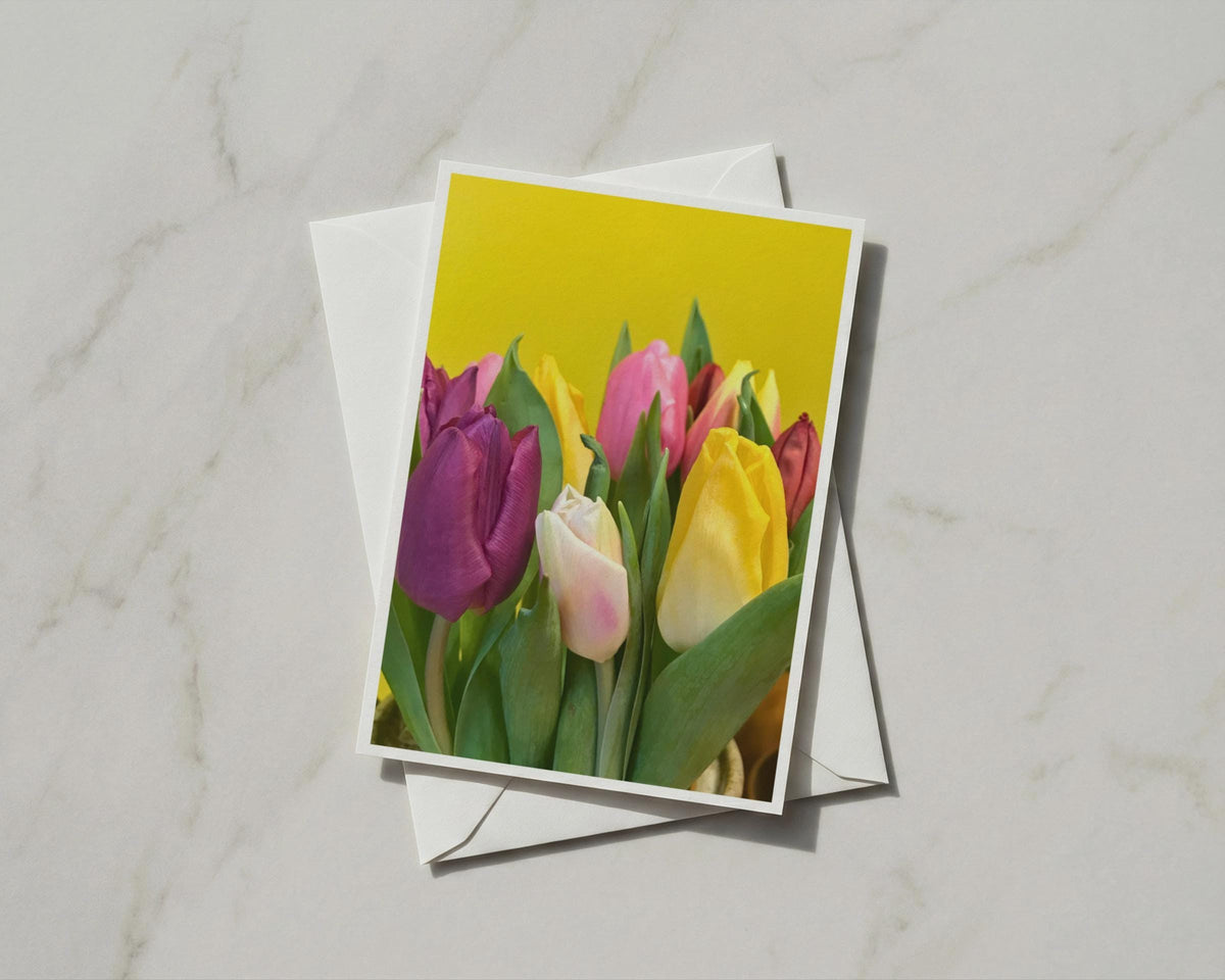 Colourful Tulips A6 Card, Spring Flowers Greeting Card, Yellow Pink Purple Floral