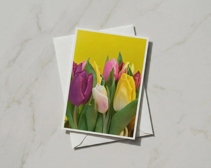 Colourful Tulips A6 Card, Spring Flowers Greeting Card, Yellow Pink Purple Floral