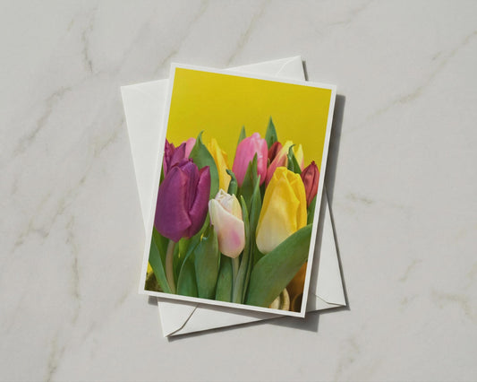 Colourful Tulips A6 Card, Spring Flowers Greeting Card, Yellow Pink Purple Floral