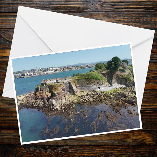 The Wild Side of Drake's Island A6 Landscape Greeting Card, Coastal Cliff Photography, Devon Shoreline, Volcano Geology, Nature Wall Art