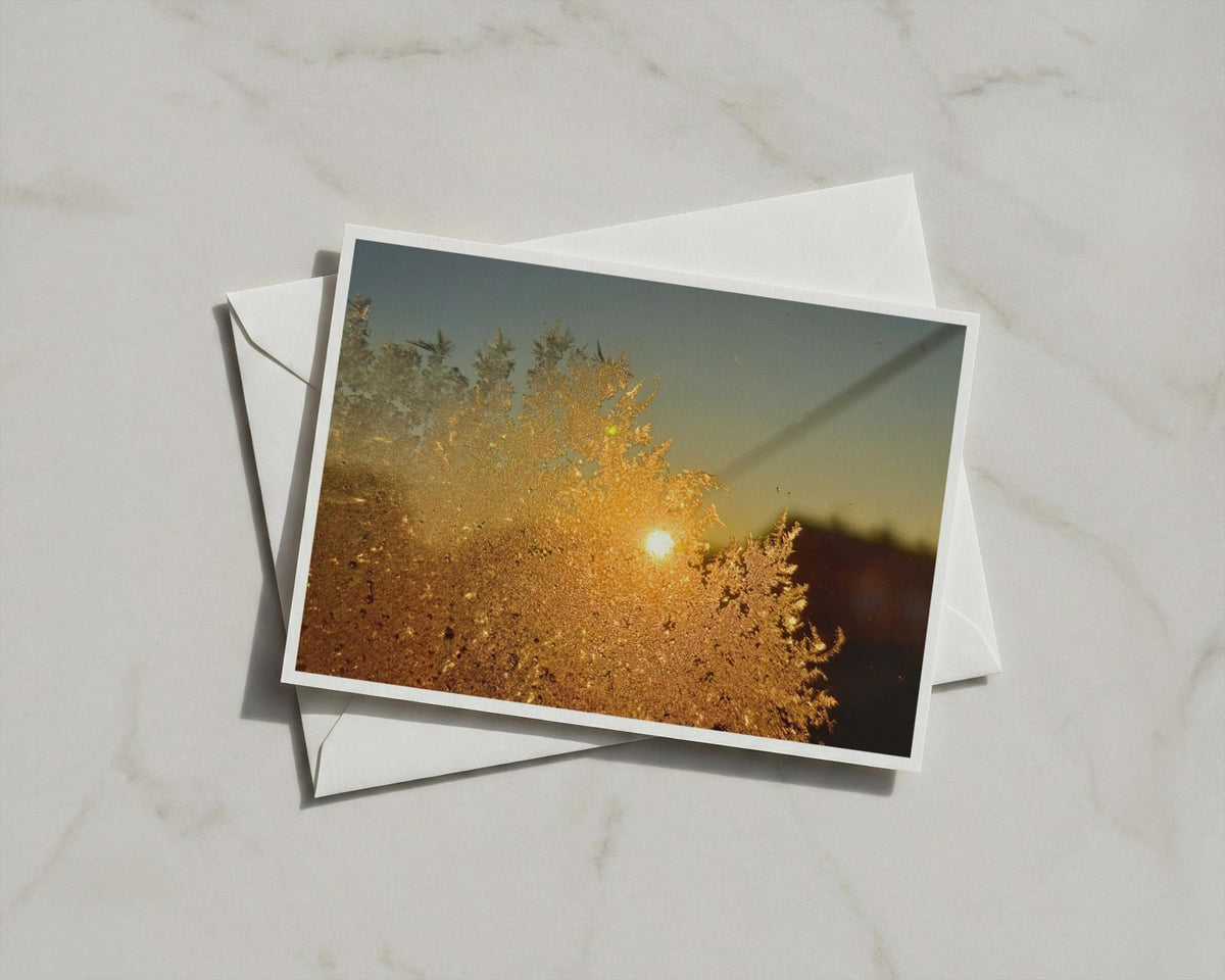 Frost on Glass Sunrise Card, Winter Dawn Landscape, Golden Sun Ice Crystal A6 Card