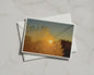 Frost on Glass Sunrise Card, Winter Dawn Landscape, Golden Sun Ice Crystal A6 Card