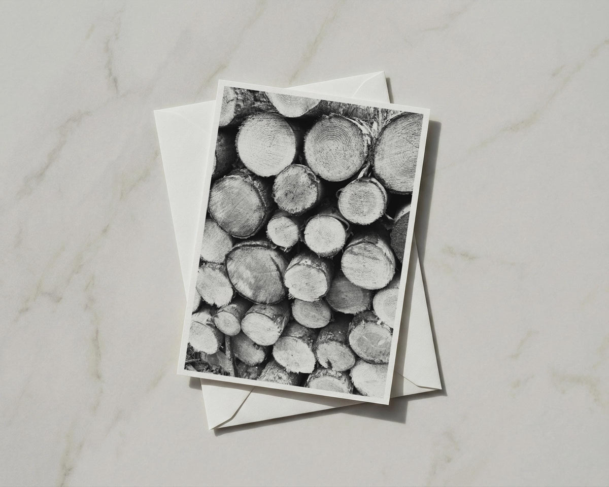 Stacked Logs Card, Black and White Tree Rings, Woodland Nature A6 Greeting Card