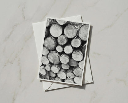 Stacked Logs Card, Black and White Tree Rings, Woodland Nature A6 Greeting Card
