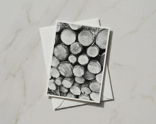 Stacked Logs Card, Black and White Tree Rings, Woodland Nature A6 Greeting Card