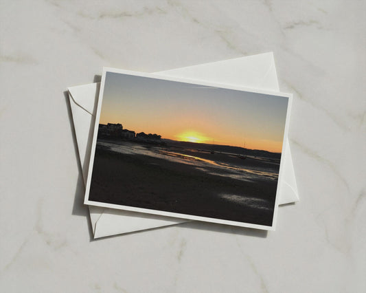 Coastal Sunset Greeting Card, Estuary Low Tide Landscape, Orange Sky Seaside Card