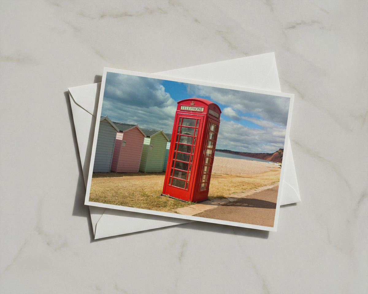 Red Telephone Box Beach Huts Card, British Seaside A6 Greeting Card, Coastal UK