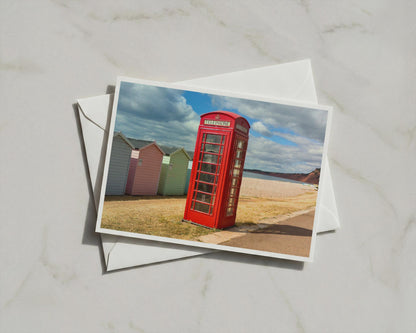 Red Telephone Box Beach Huts Card, British Seaside A6 Greeting Card, Coastal UK