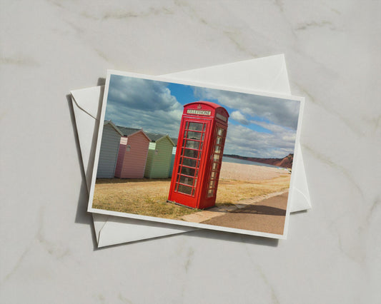 Red Telephone Box Beach Huts Card, British Seaside A6 Greeting Card, Coastal UK