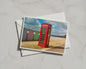 Red Telephone Box Beach Huts Card, British Seaside A6 Greeting Card, Coastal UK