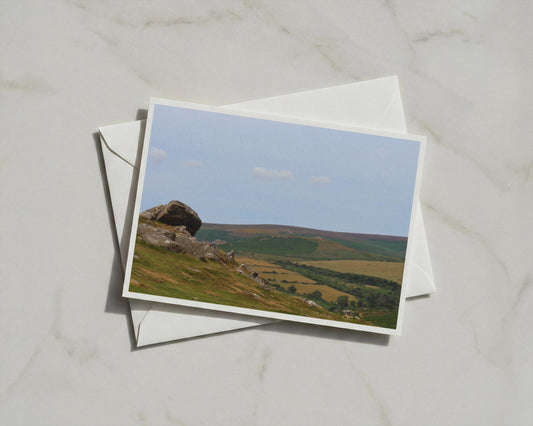 Dartmoor Granite Tor Card, Devon Moorland Landscape, Rolling Hills, Blank A6 Card