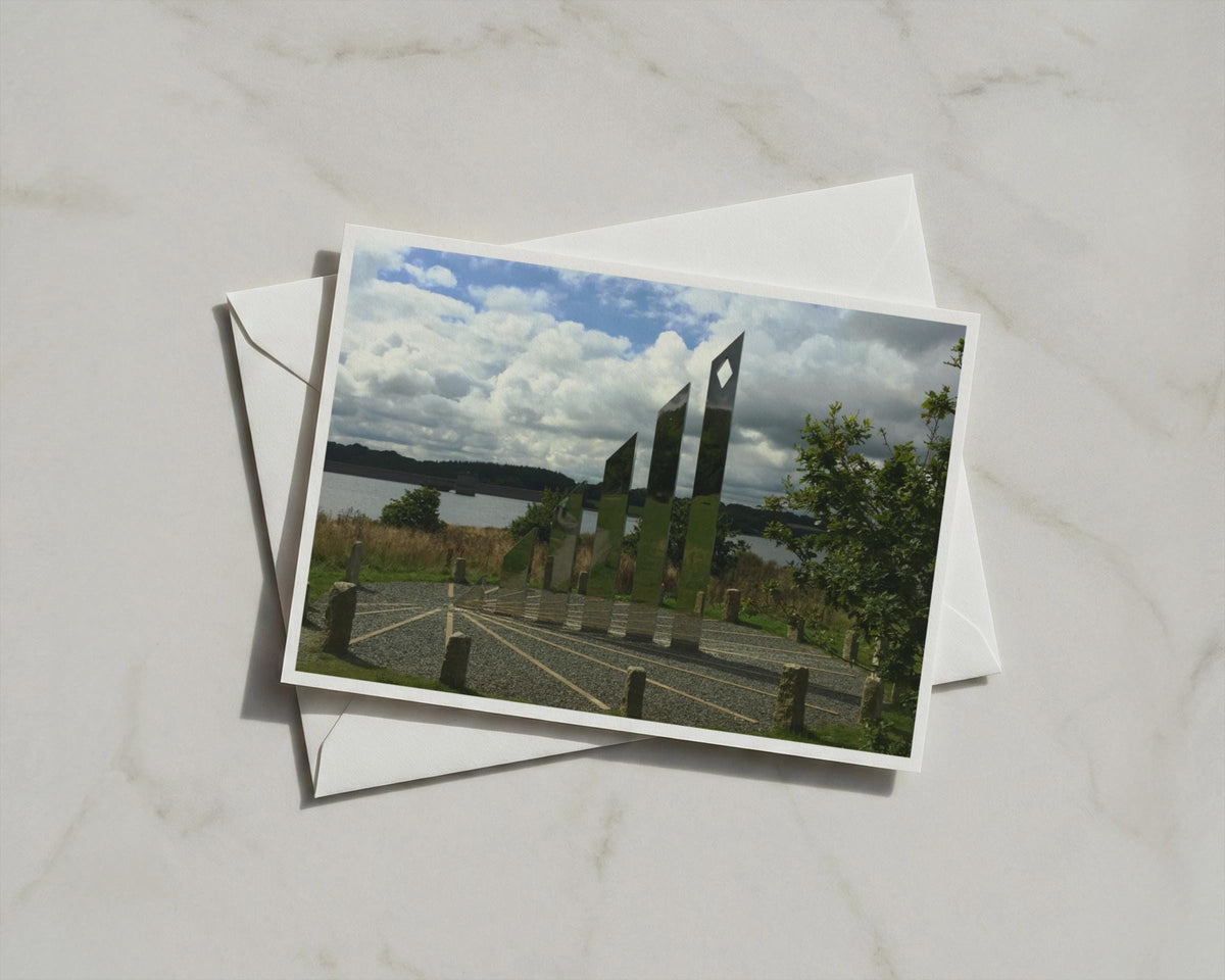 Mirror Sculpture Lakeside Card, Contemporary Outdoor Art, Reservoir Landscape Greeting Card