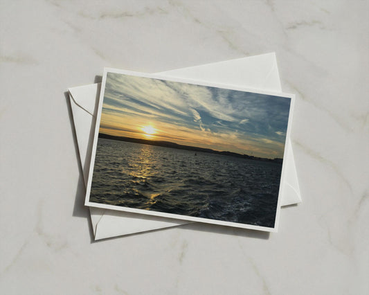 Sunset Over the Sea Greetings Card, Ocean Dusk Landscape, Coastal Sky Card