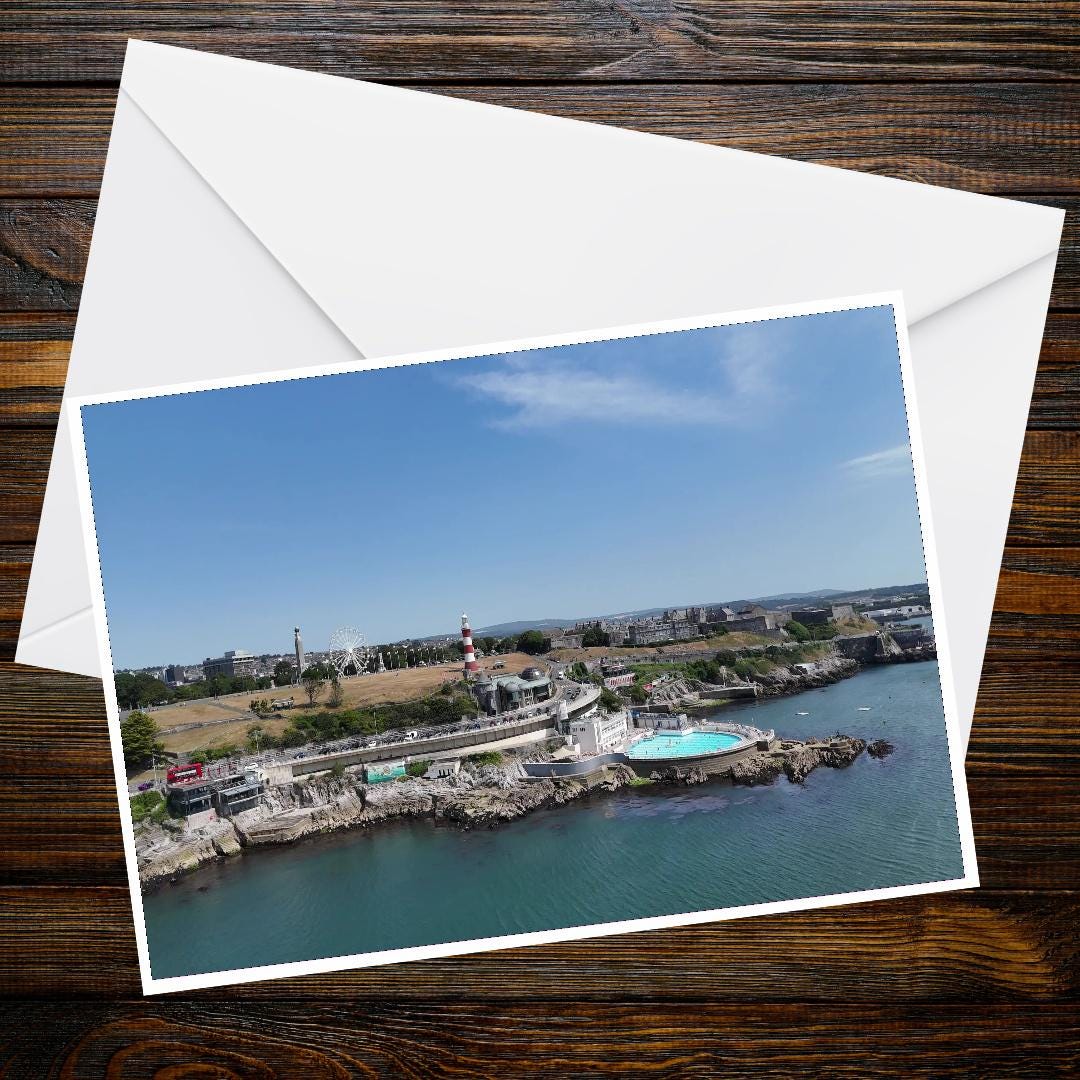 Plymouth Hoe Promenade Art A6 Landscape Greeting Card | Coastal View of Iconic Plymouth Seaside Scene | Ocean, Harbor, and Historic Landmark