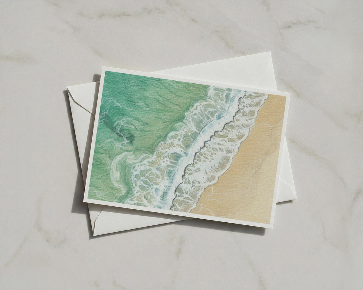 Cornwall Aerial Beach Card, Coastal Wave Art, Teal Sea Sandy Shore, A6 Greeting Card