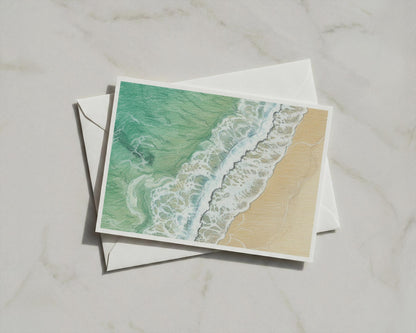Cornwall Aerial Beach Card, Coastal Wave Art, Teal Sea Sandy Shore, A6 Greeting Card