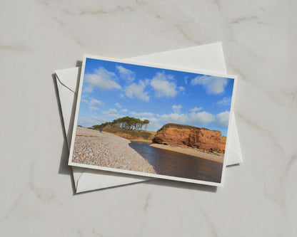Devon Red Cliffs Coastal Card, Pebble Beach River Mouth, Jurassic Coast Greeting Card
