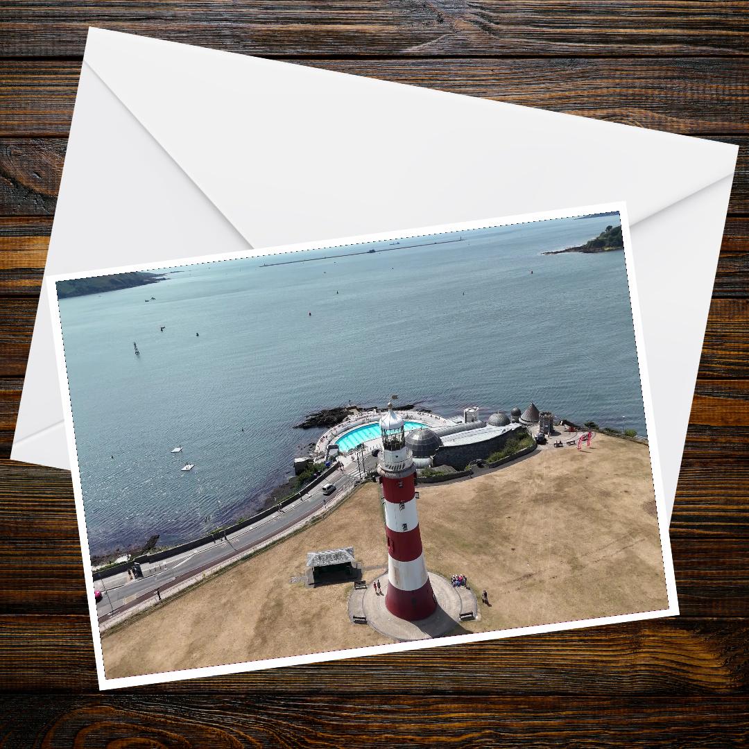 Ocean View Lighthouse & Tinside Lido A6 Landscape Greeting Card, Plymouth Sound, Art Deco, Seaside, Coastal Scene, Beach Vacation, Pool