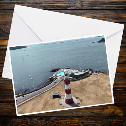 Ocean View Lighthouse & Tinside Lido A6 Landscape Greeting Card, Plymouth Sound, Art Deco, Seaside, Coastal Scene, Beach Vacation, Pool