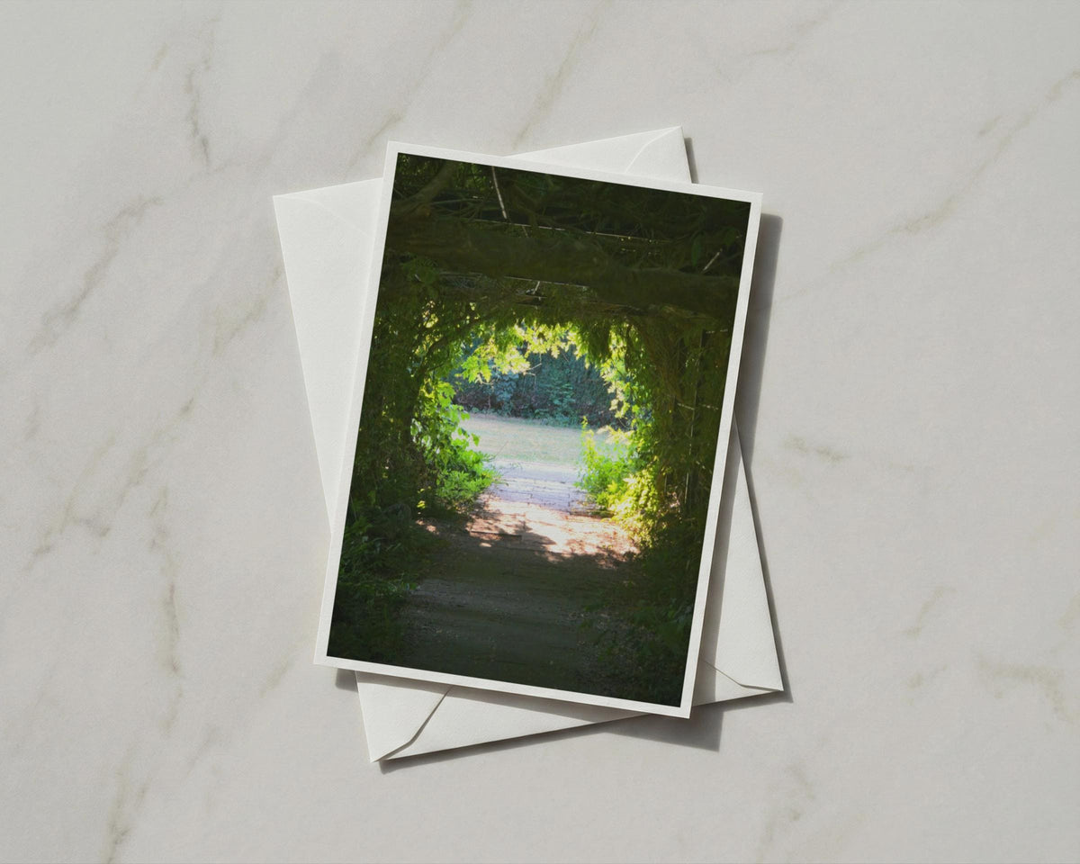 Garden Tunnel Arch Card, Green Leaf Pergola Path, Secret Garden, Nature Greeting Card
