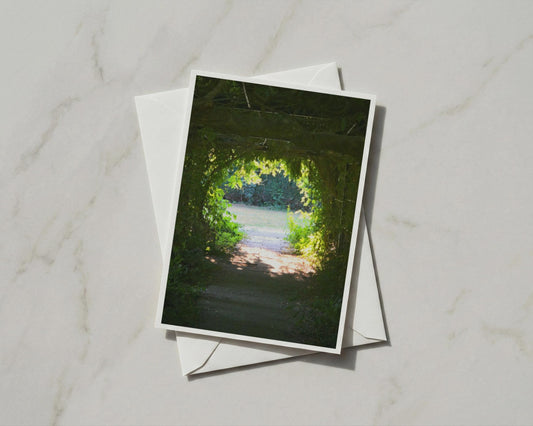 Garden Tunnel Arch Card, Green Leaf Pergola Path, Secret Garden, Nature Greeting Card