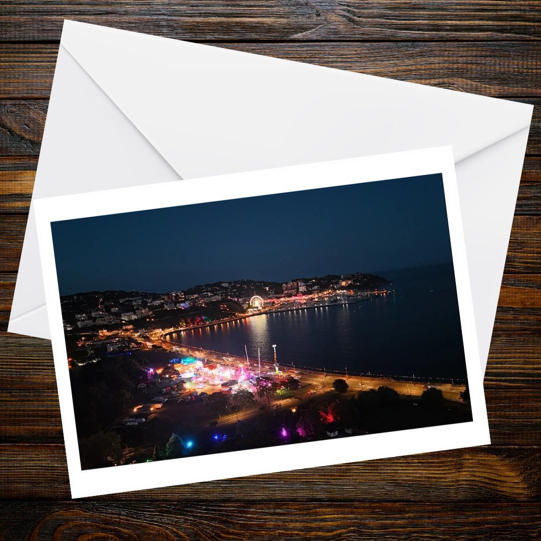 Torquay at night A6 Greetings Card - Drone Photography - Devon and Cornwall Drone Collection