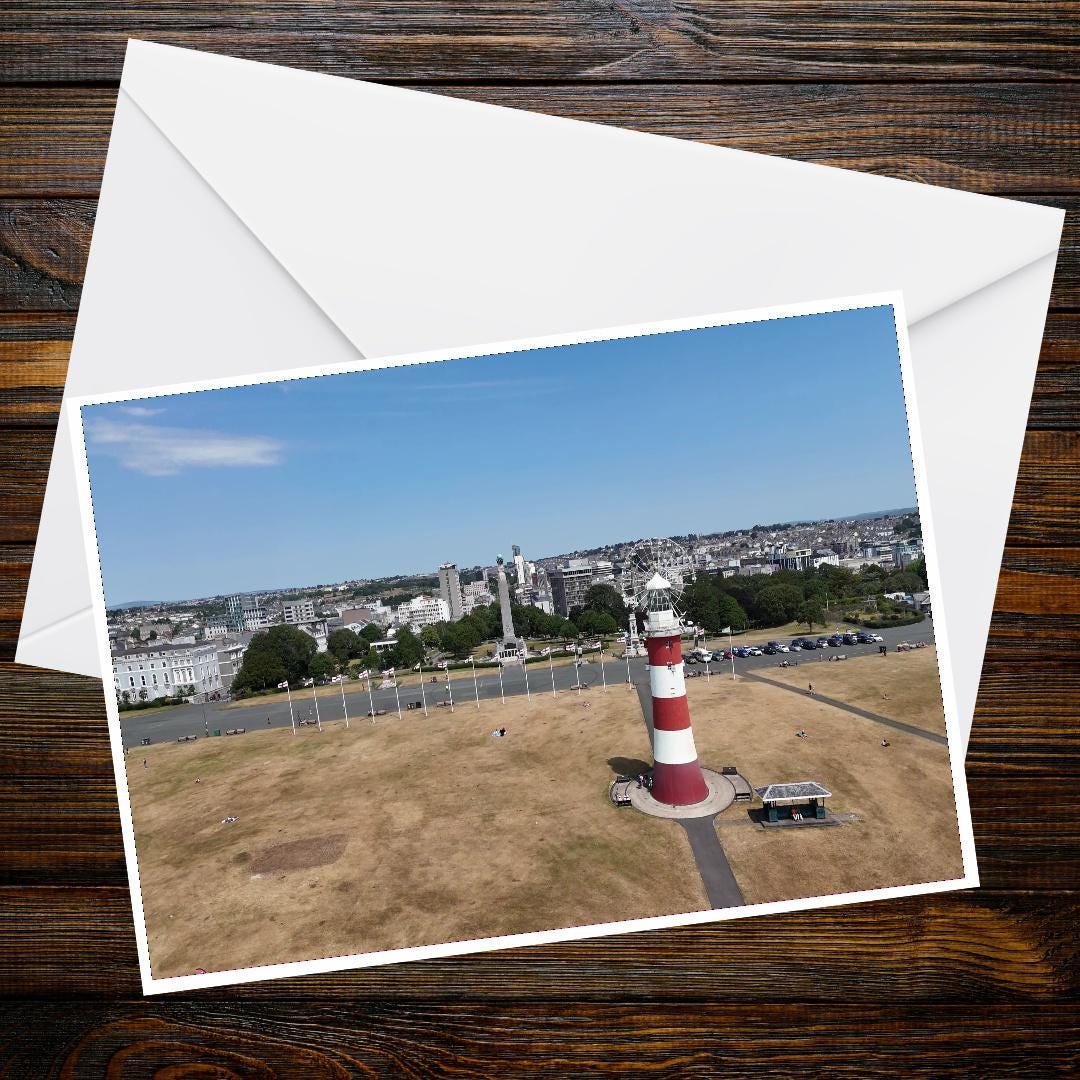 Smeaton's Tower & Fairground Lights A6 Landscape Greeting Card | Plymouth Hoe Maritime Heritage | Night Scene Observation Wheel Lighthouse
