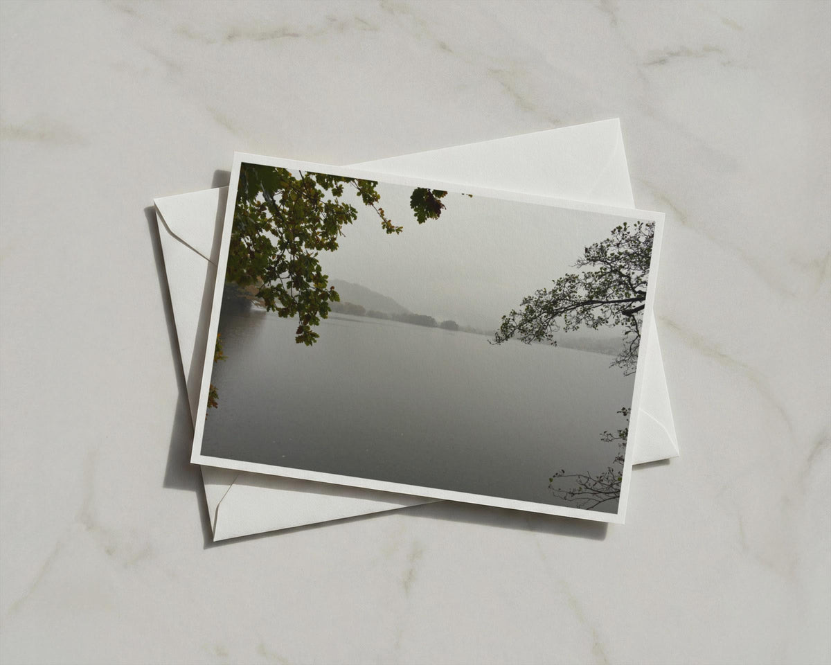 Misty Lake Landscape Poster, Autumn Trees Framed-Print, Moody Grey Nature Wall Art, Lakeside Woodland Photography Print