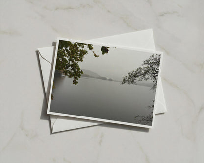 Misty Lake Landscape Poster, Autumn Trees Framed-Print, Moody Grey Nature Wall Art, Lakeside Woodland Photography Print